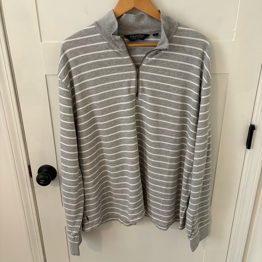 Polo Ralph Lauren Golf Grey White Stripe 1/4 Zip Long Sleeve Shirt. Size XXL.